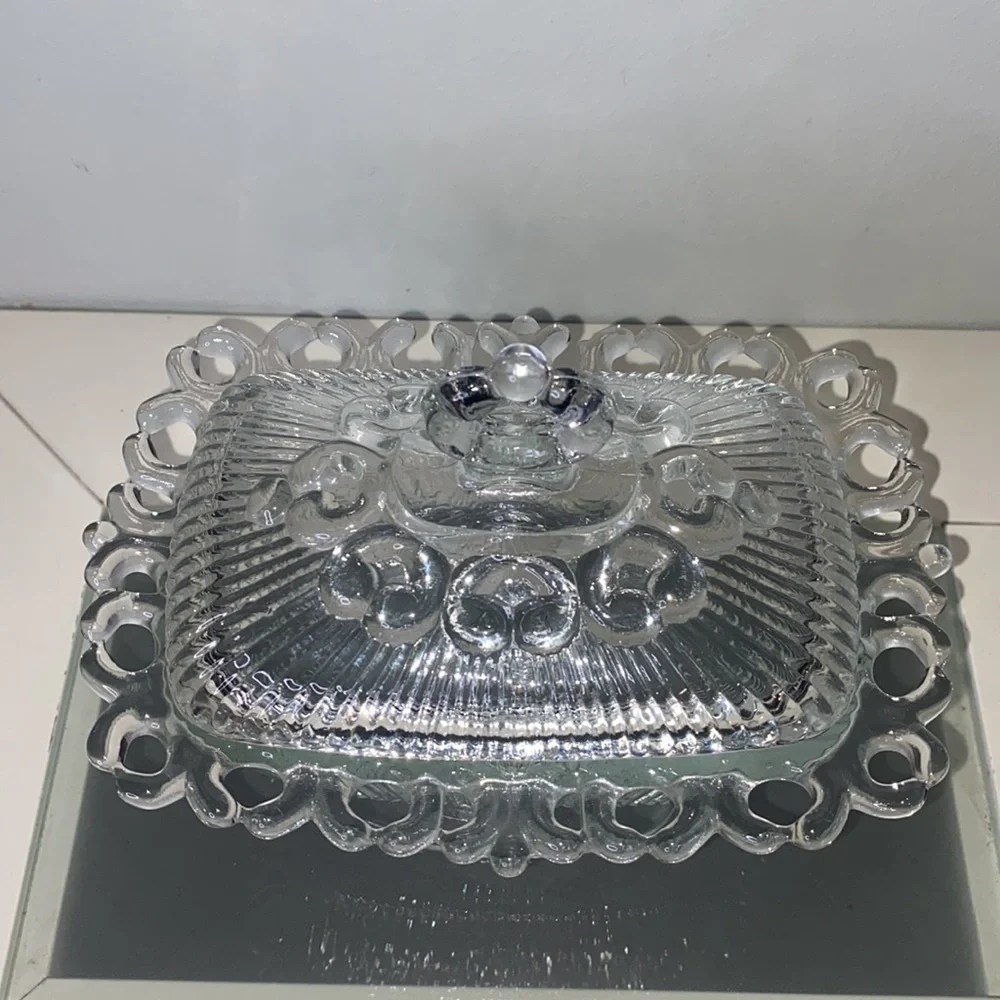 Vintage Indiana Glass Clear Lace Edge Pedestal Candy Bowl with Lid